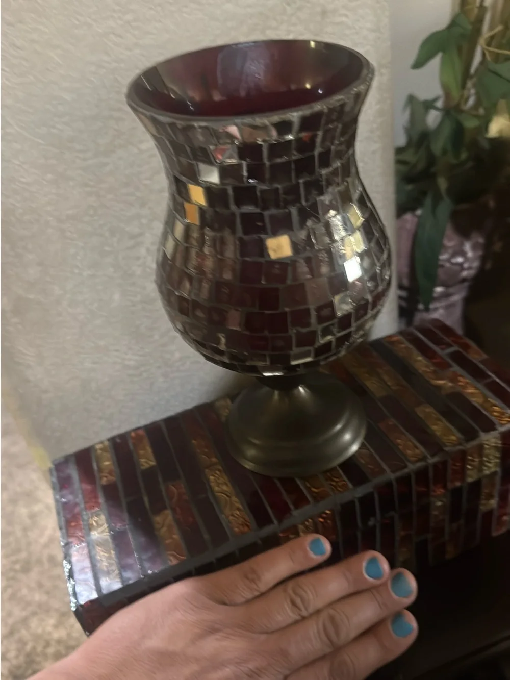 Decorative Burgundy Mosaic Glass Candle Holder and box mirror